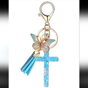 Blue Cross Keychain with Butterfly and Tassel Bag Accessory
